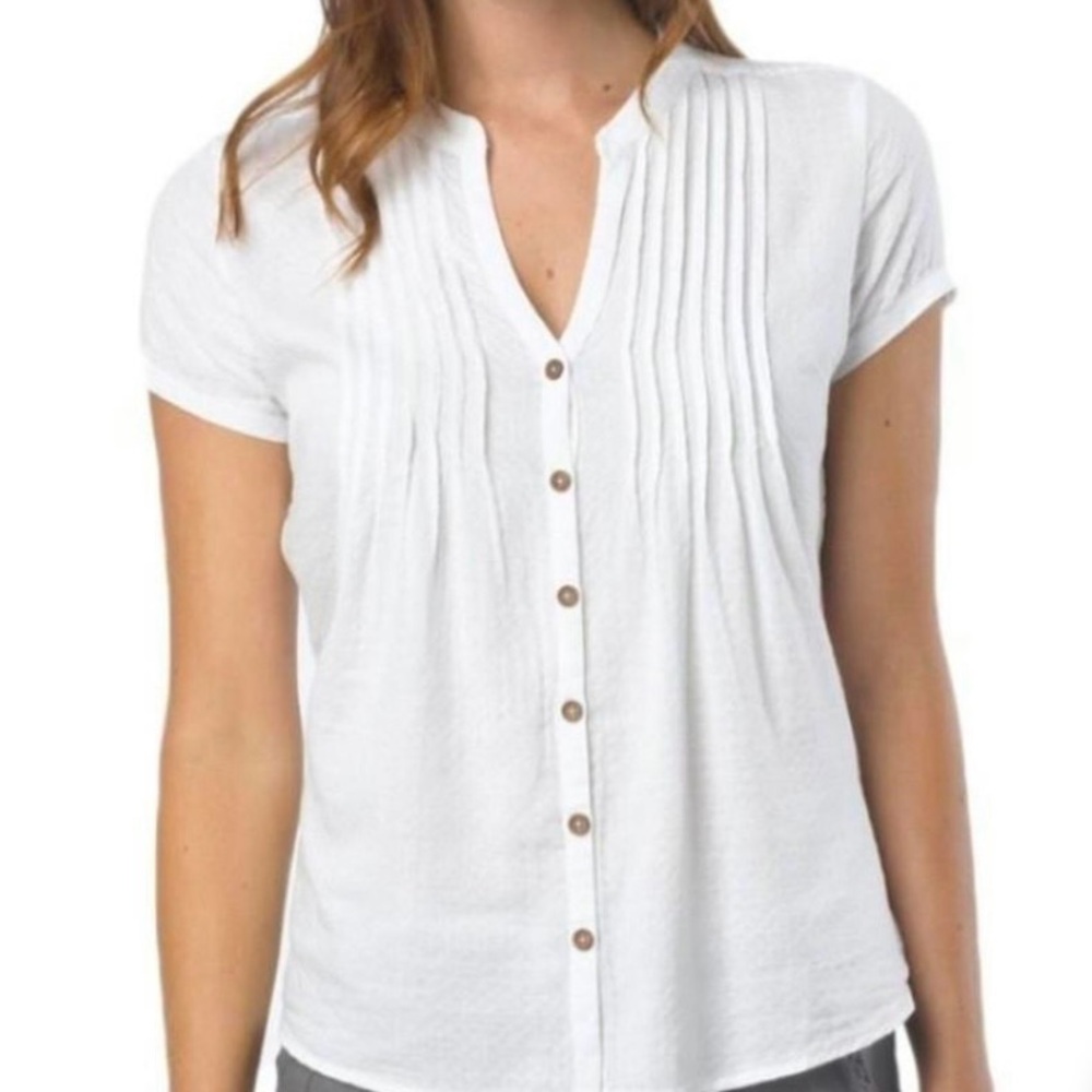Prana Women's White Pleated Button-Up Blouse. Size Small saw